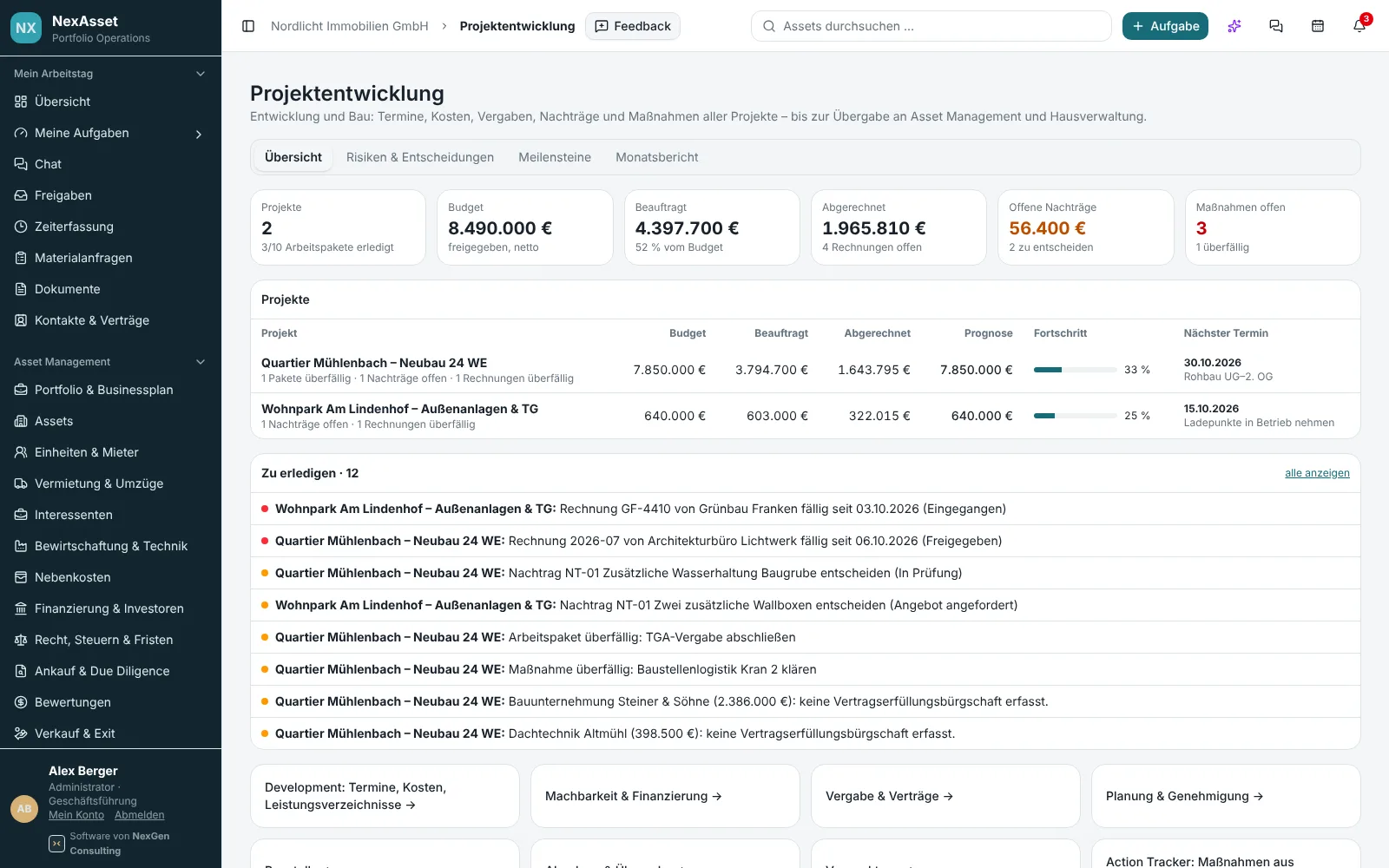 Projektentwicklung in NexAsset: Budget, Beauftragt, Abgerechnet, Prognose und Nachträge je Projekt
