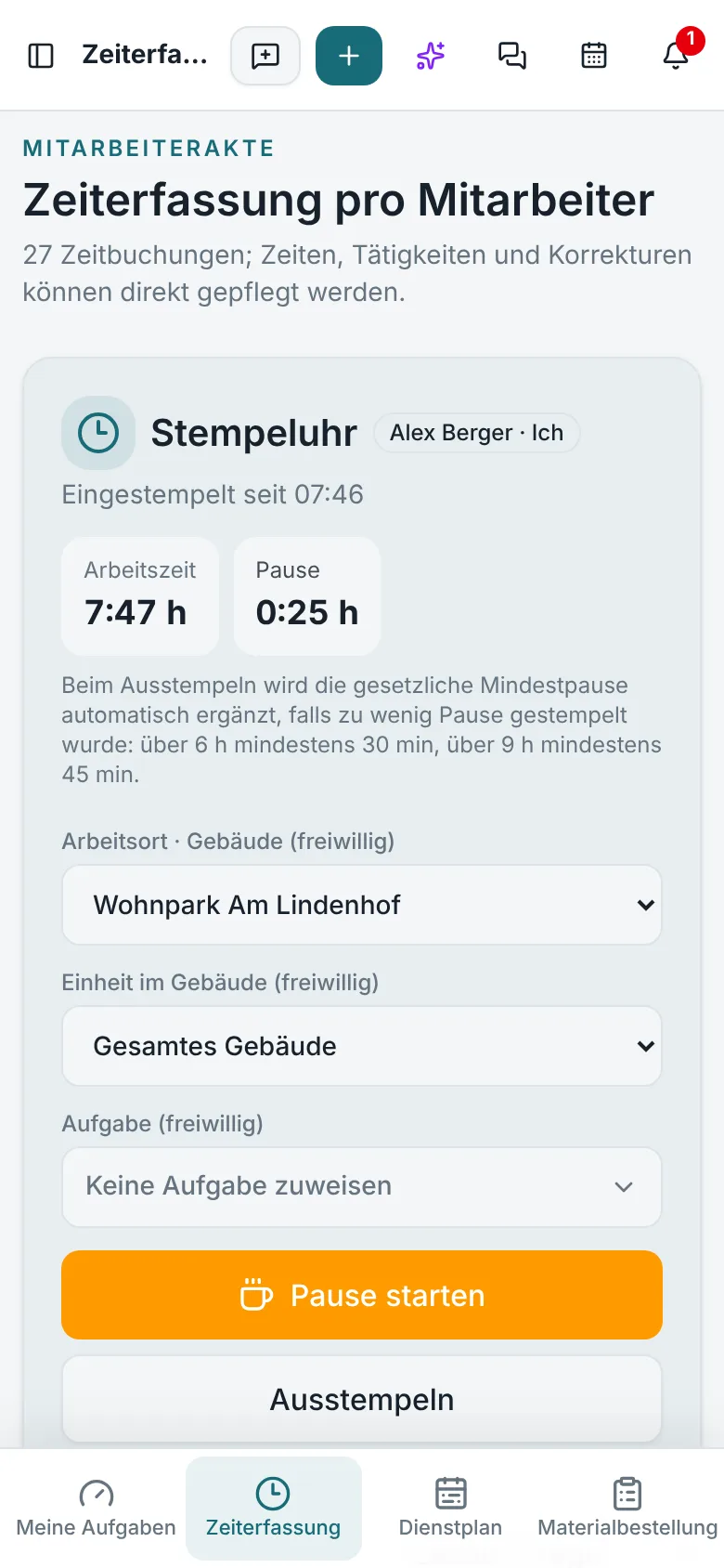NexAsset App: Stempeluhr, eingestempelt seit 07:46, mit Pause und Arbeitsort
